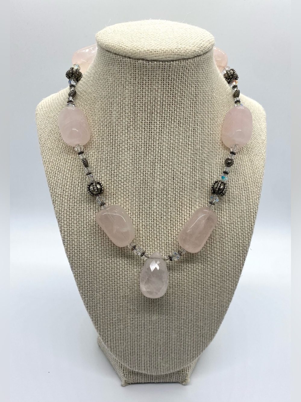 Pink Rose Quartz Beaded Necklace Boho Chunky Summer Coastal Beach Eclectic - Picture 3 of 10